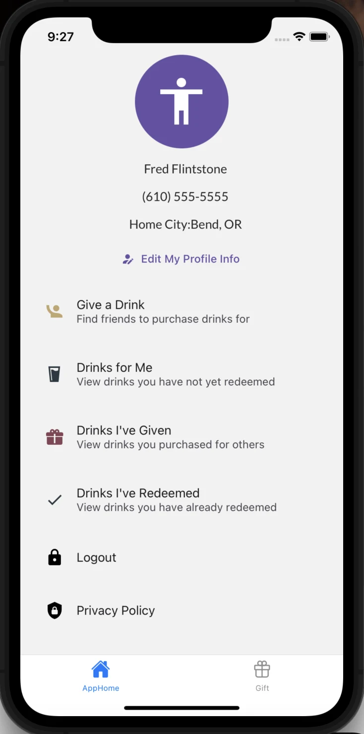 The DrinkLink app home screen